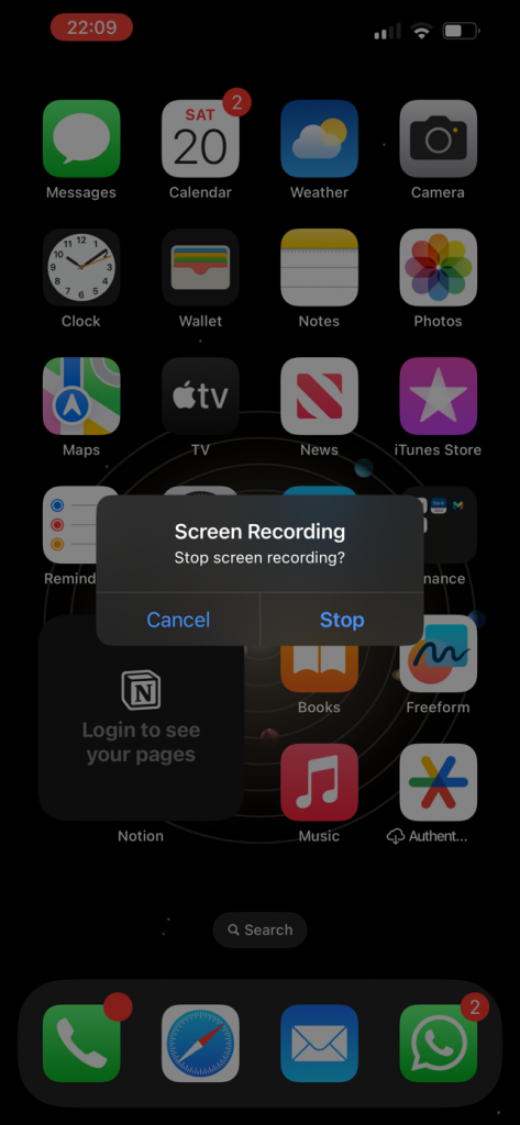 Screenshot showing stop screen recording with option to stop or cancel.