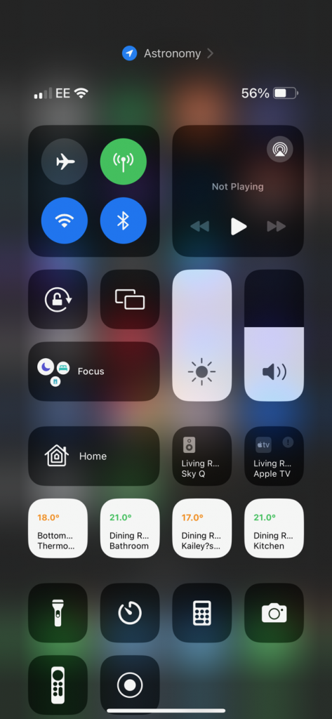 Screenshot on iPhone showing control centre